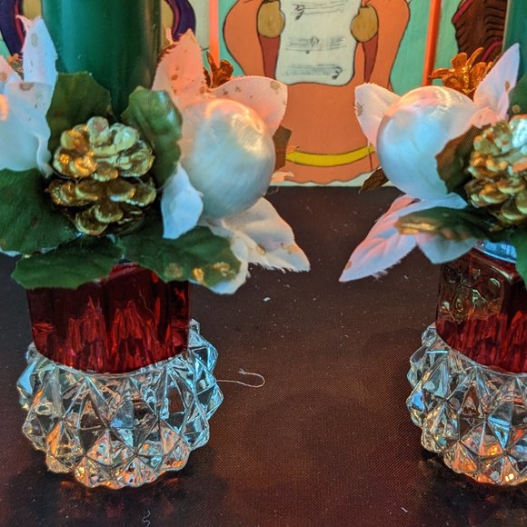 Beautiful Pair Indiana Glass Ruby Red And Crystal Diamond Point Candle Holders - Picture 5 of 11